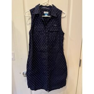 Columbia PFG Dress Womens M Blue Super Bonehead Polka Dot Button Shirtdress